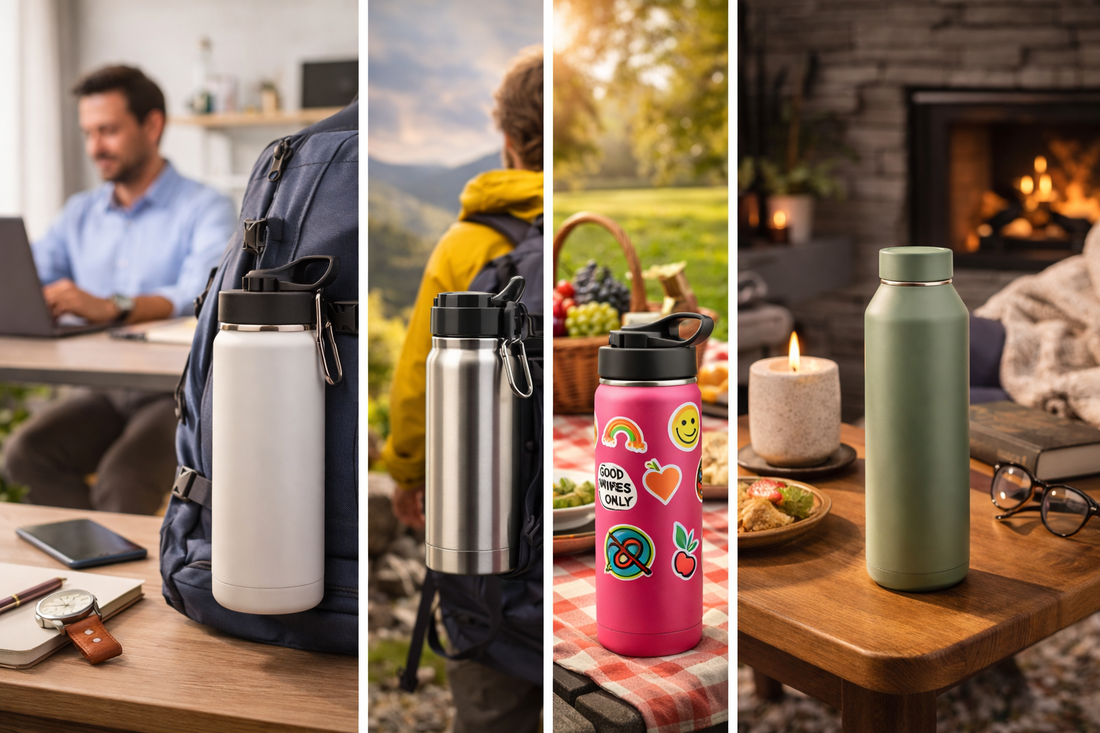 modern drinkware placed in office gym and cafe environments showing lifestyle and personal style