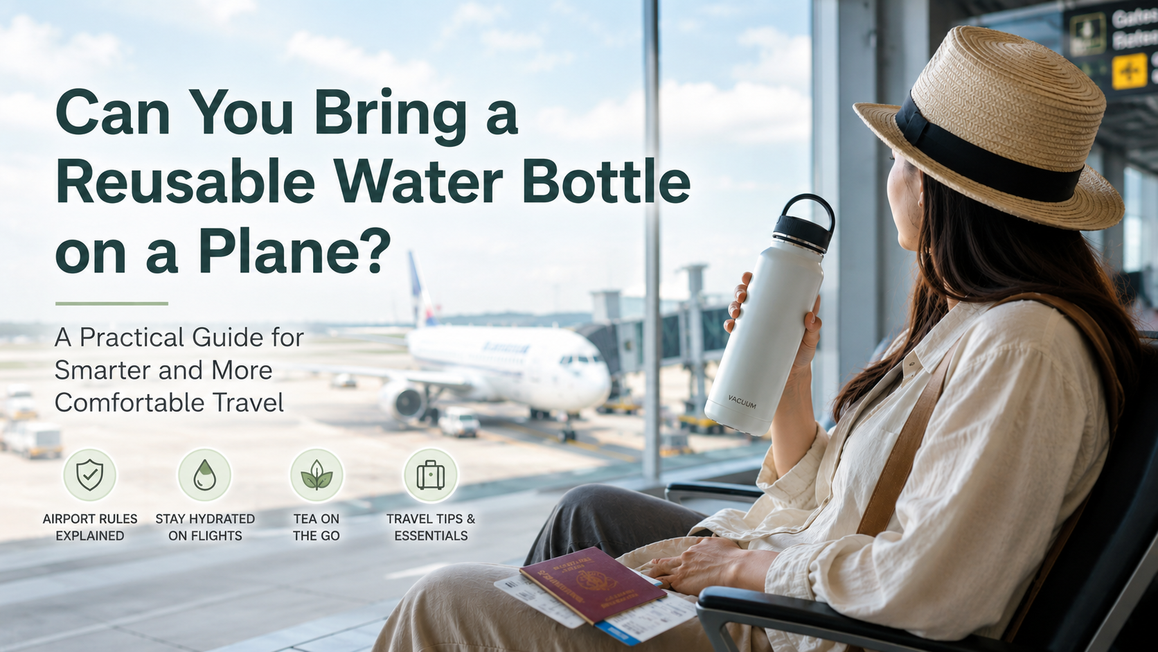traveler carrying a reusable insulated water bottle through an airport terminal before boarding a flight