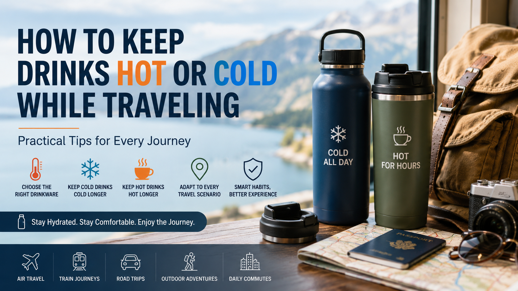 traveler holding an insulated tumbler while moving through an airport terminal with hot and cold beverages ready for travel