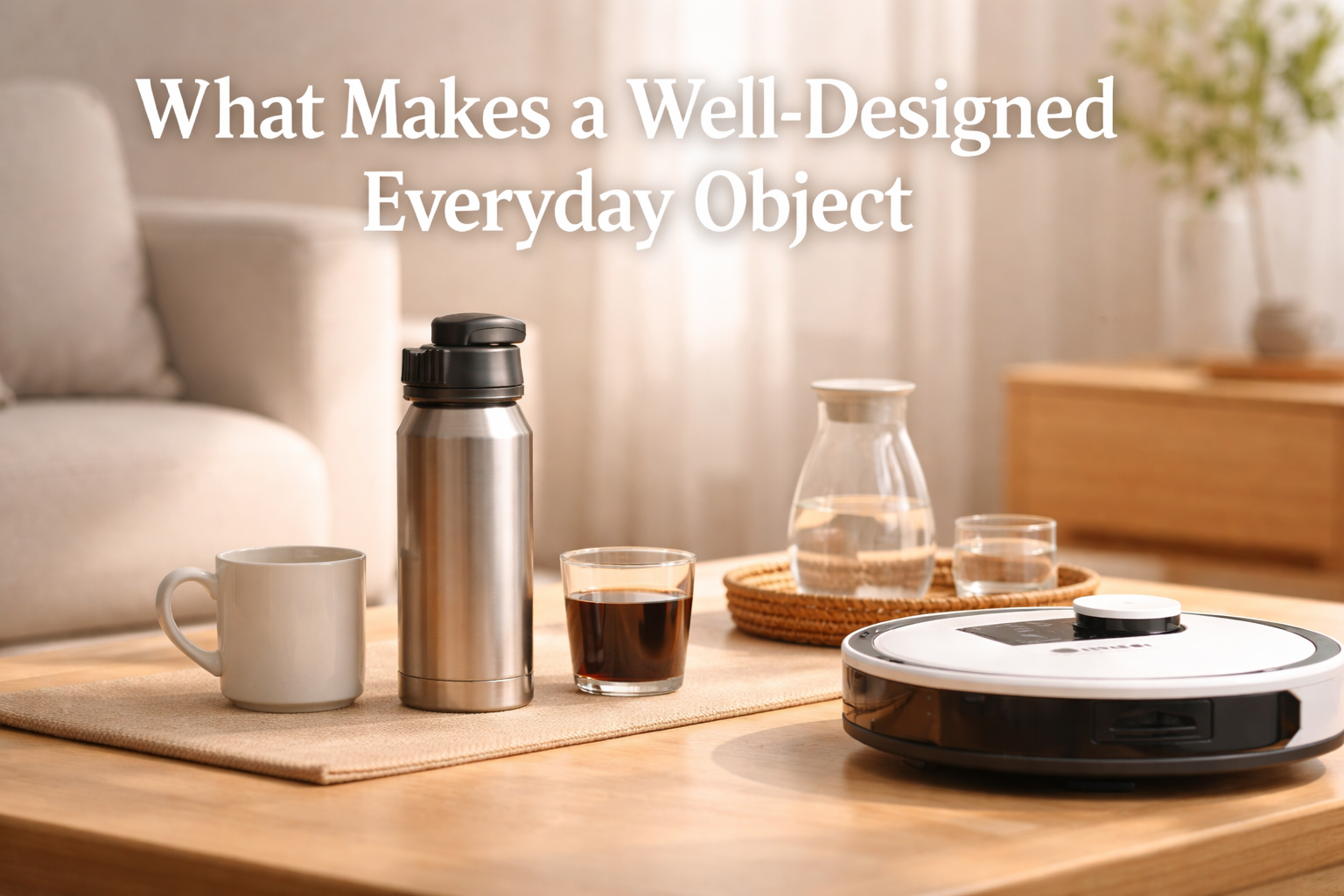 well designed everyday objects including water bottle and daily tools in minimal clean setup