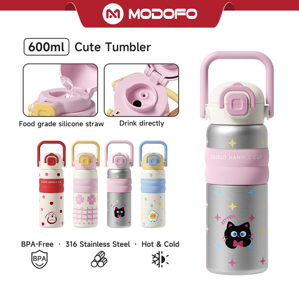 MODOFO 600ML Cute 316 Stainless Steel Portable Thermos Water Bottle with Straw