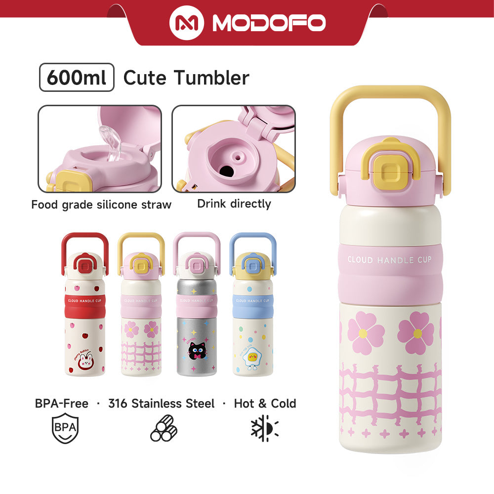 MODOFO 600ML Cute 316 Stainless Steel Portable Thermos Water Bottle with Straw