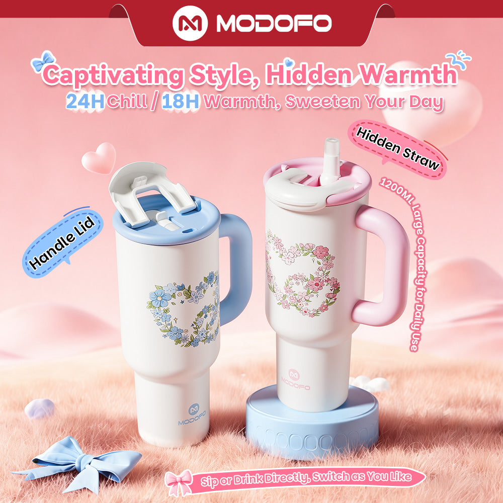 MODOFO 1.0L / 1.2L Tumbler Vakum Estetis dengan Sedotan – Botol Termal Kapasitas Besar