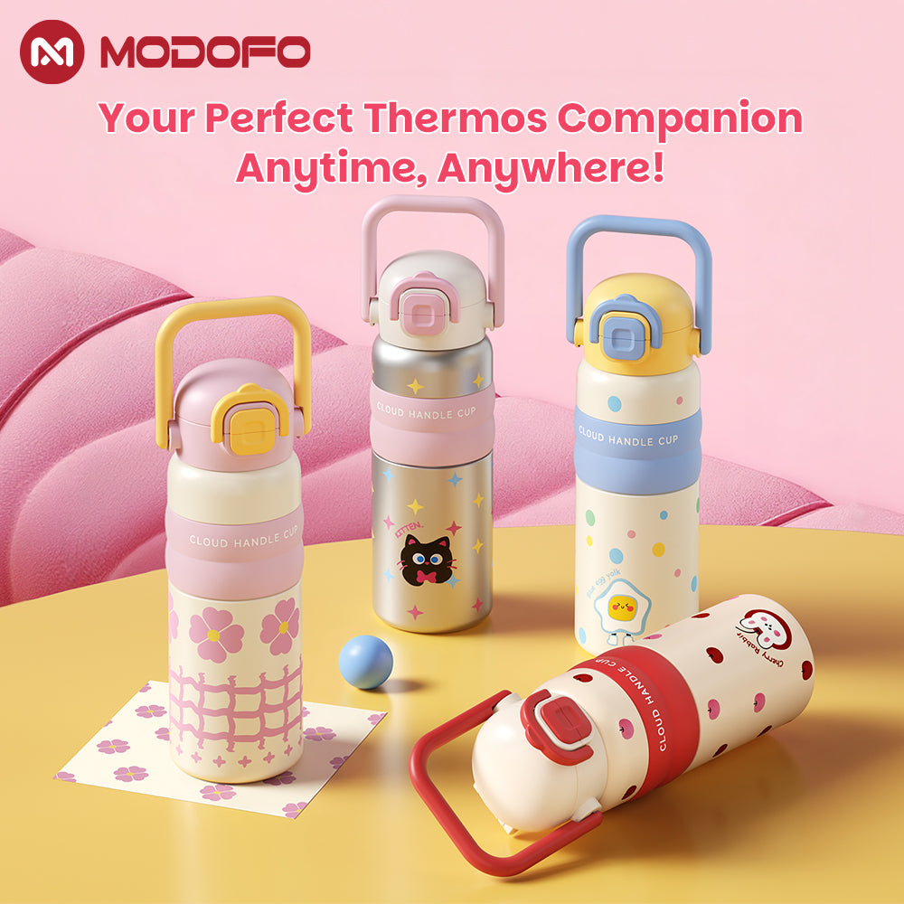MODOFO 600ML Cute 316 Stainless Steel Portable Thermos Water Bottle with Straw