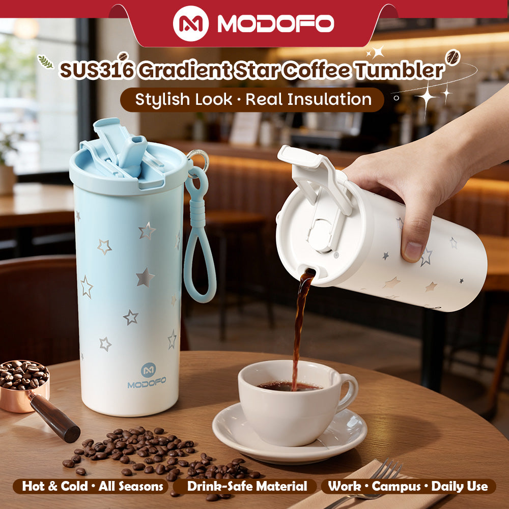 MODOFO Coffee Cup 480ml 316 Stainless Steel With Straw（Customizable star patterns）
