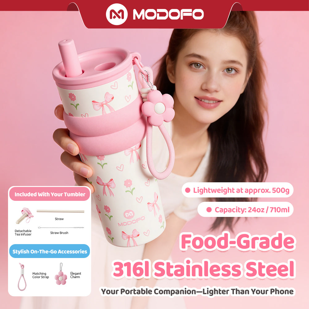 MODOFO 710ml Vacuum Insulated Tumbler with Tea Strainer | 316 Stainless Steel | Hot & Cold Thermal Bottle