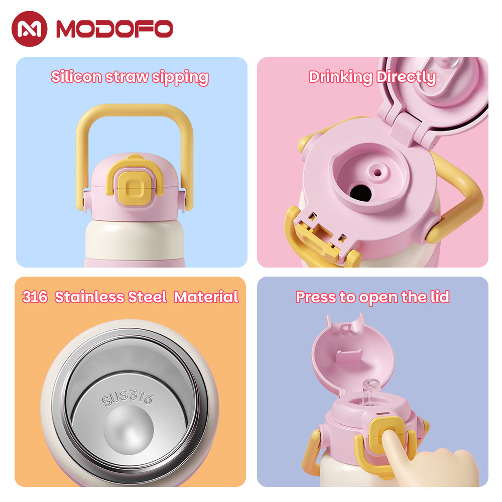 MODOFO 600ML Cute 316 Stainless Steel Portable Thermos Water Bottle with Straw