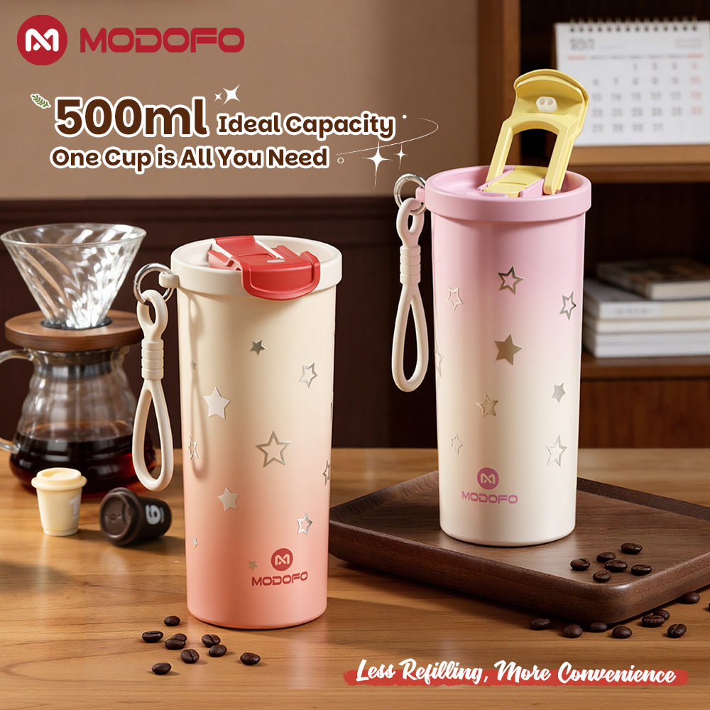 MODOFO Coffee Cup 480ml 316 Stainless Steel With Straw（Customizable star patterns）