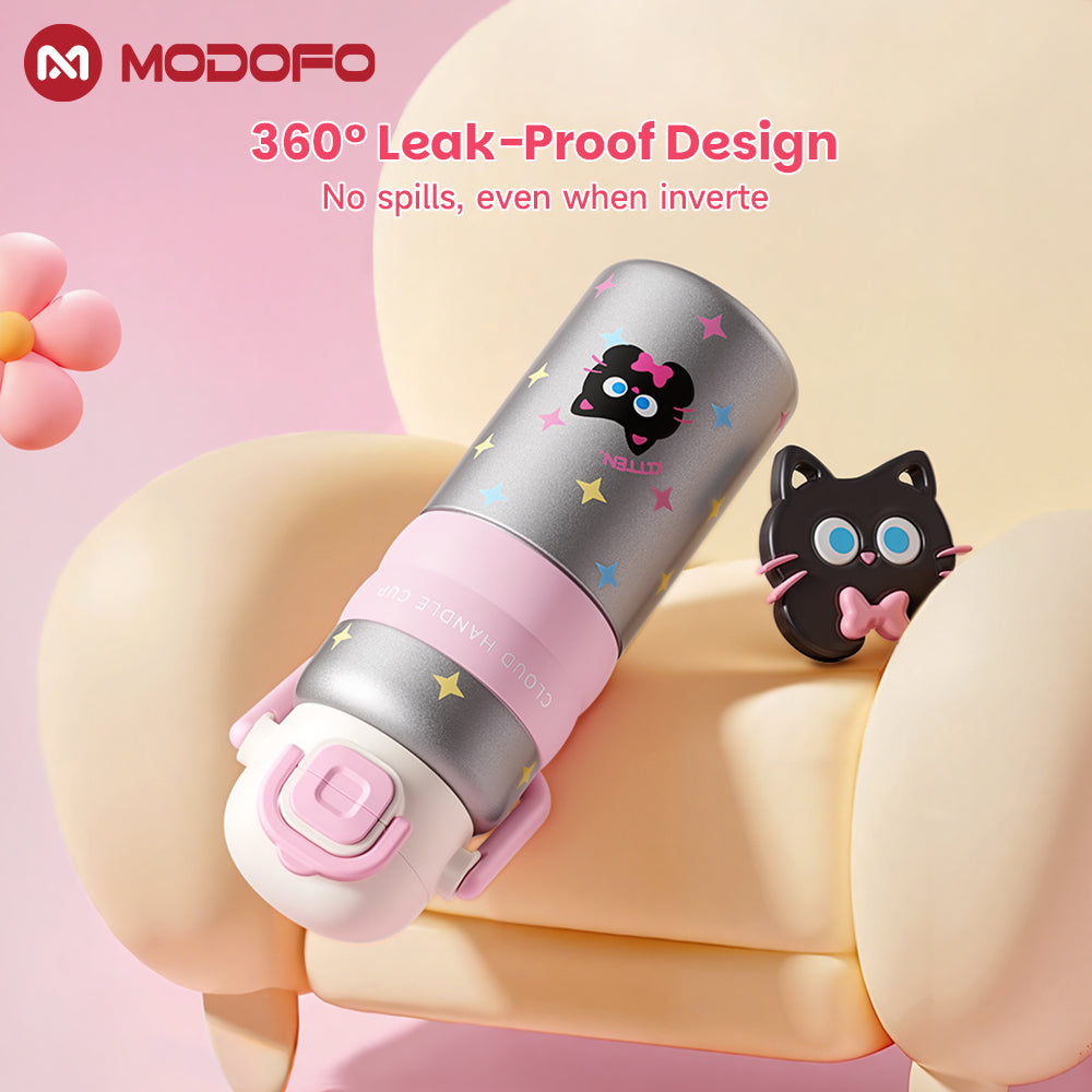 MODOFO 600ML Cute 316 Stainless Steel Portable Thermos Water Bottle with Straw