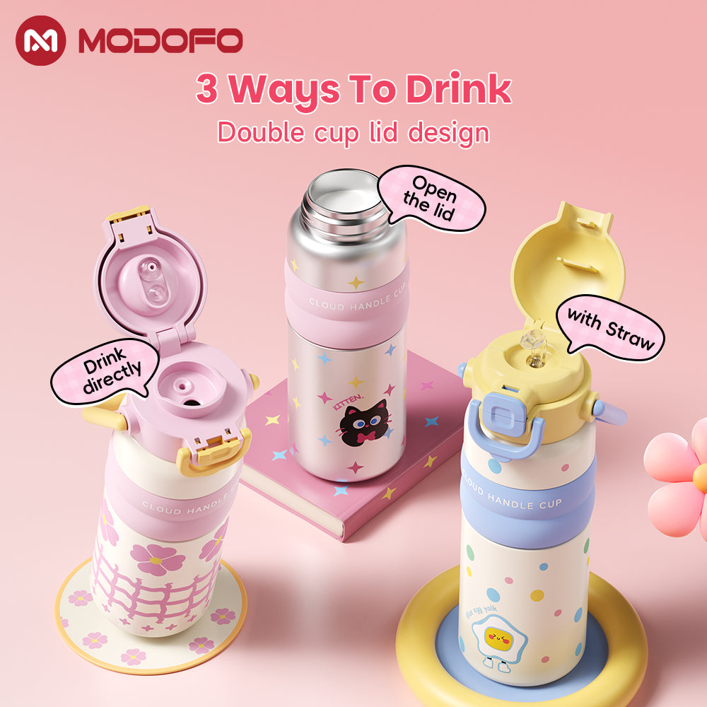 MODOFO 600ML Cute 316 Stainless Steel Portable Thermos Water Bottle with Straw