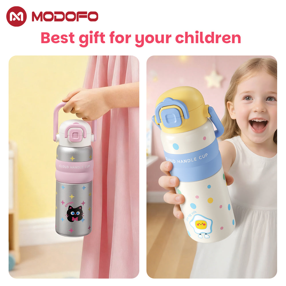 MODOFO 600ML Cute 316 Stainless Steel Portable Thermos Water Bottle with Straw