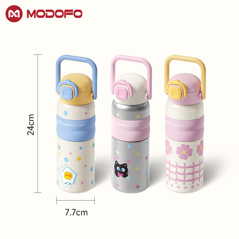 MODOFO 600ML Cute 316 Stainless Steel Portable Thermos Water Bottle with Straw