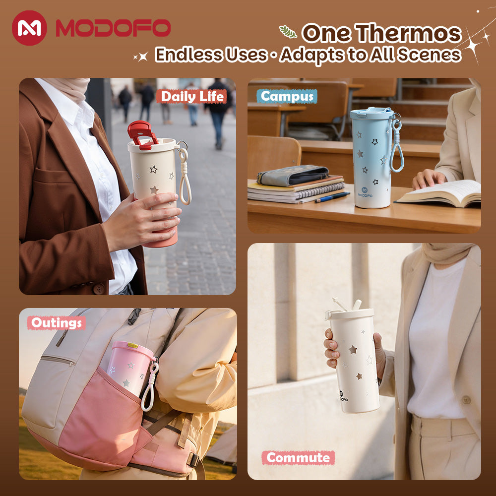 MODOFO Coffee Cup 480ml 316 Stainless Steel With Straw（Customizable star patterns）