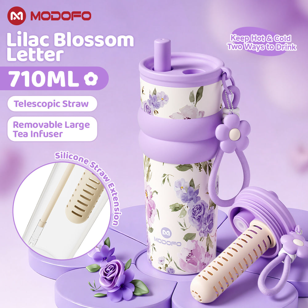 MODOFO 710ml Vacuum Insulated Tumbler with Tea Strainer | 316 Stainless Steel | Hot & Cold Thermal Bottle