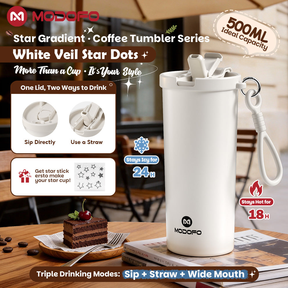 MODOFO Coffee Cup 480ml 316 Stainless Steel With Straw（Customizable star patterns）