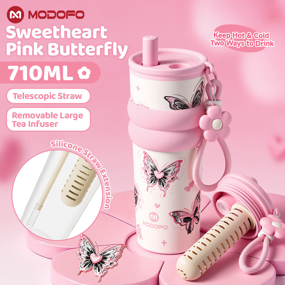 MODOFO 710ml Vacuum Insulated Tumbler with Tea Strainer | 316 Stainless Steel | Hot & Cold Thermal Bottle