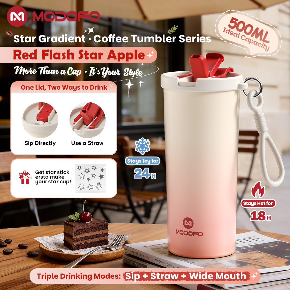 MODOFO Coffee Cup 480ml 316 Stainless Steel With Straw（Customizable star patterns）