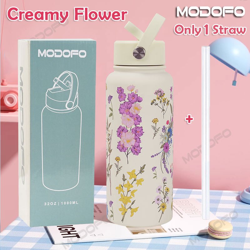 Botol Air Portabel MODOFO 1000ML dengan Sedotan Motif Fashion Sedotan Bawaan