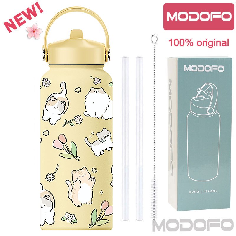 Botol Air Portabel MODOFO 1000ML dengan Sedotan Motif Fashion Sedotan Bawaan