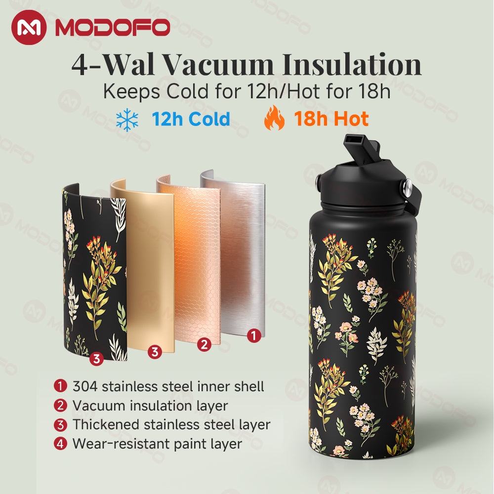 MODOFO 1000ML Portable Water Bottle with Straw Fashion Print Built-in Straw
