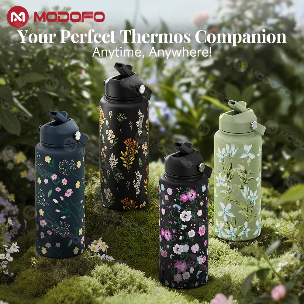 MODOFO 1000ML Portable Water Bottle with Straw Fashion Print Built-in Straw