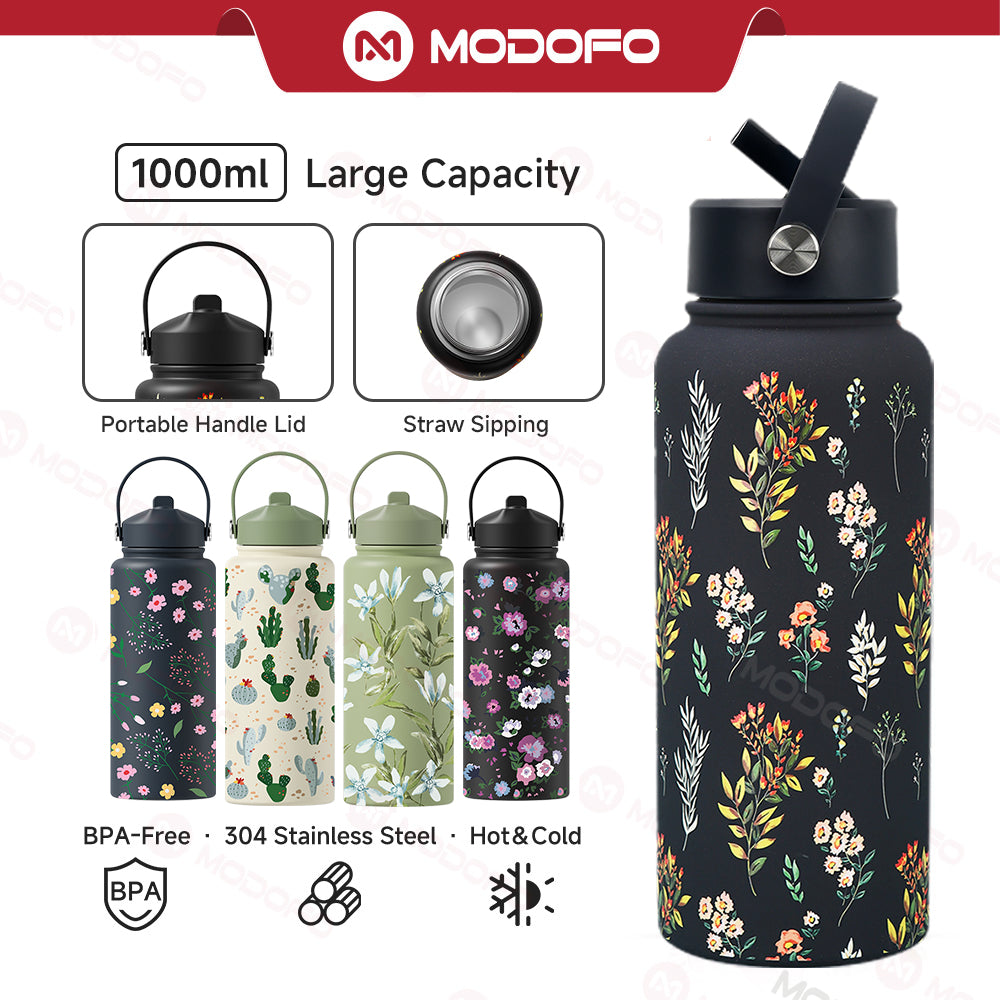 MODOFO 1000ML Portable Water Bottle with Straw Fashion Print Built-in Straw