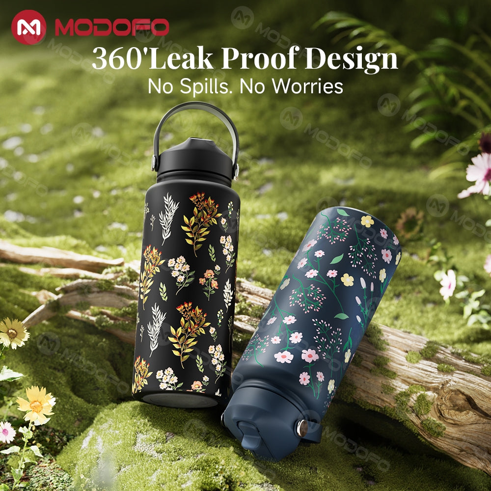 MODOFO 1000ML Portable Water Bottle with Straw Fashion Print Built-in Straw