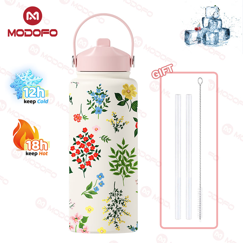 MODOFO 1000ML Portable Water Bottle with Straw Fashion Print Built-in Straw