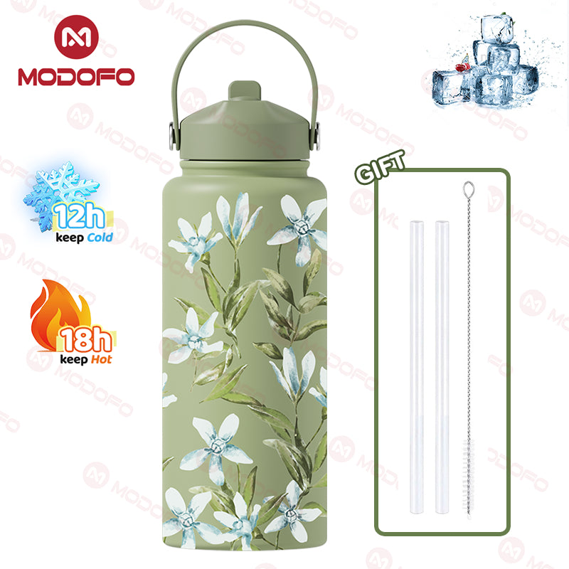 MODOFO 1000ML Portable Water Bottle with Straw Fashion Print Built-in Straw