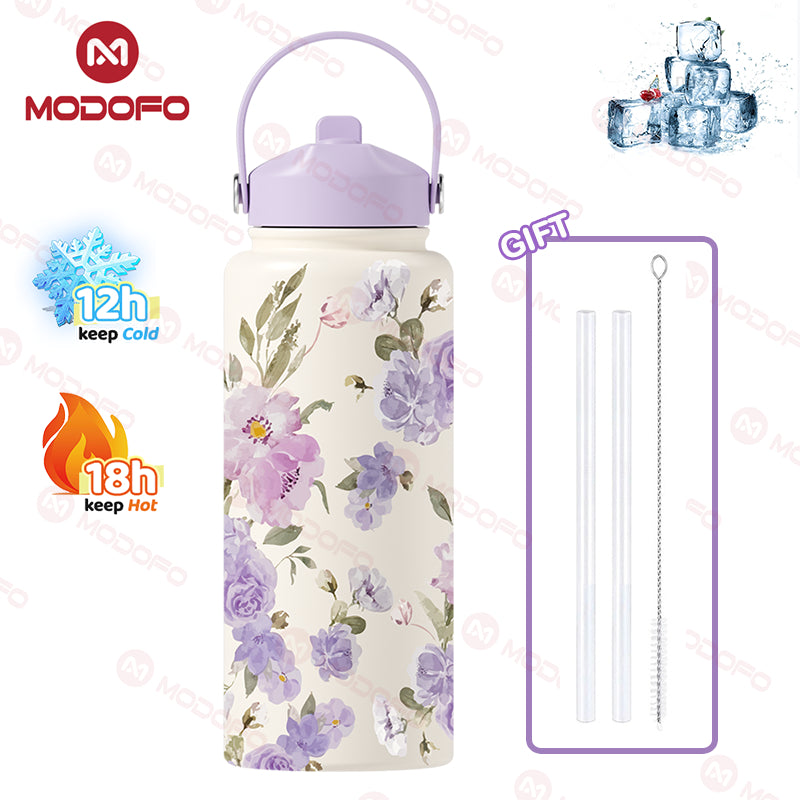 MODOFO 1000ML Portable Water Bottle with Straw Fashion Print Built-in Straw