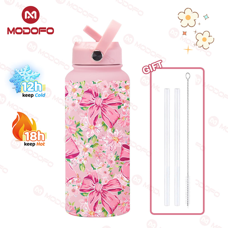 MODOFO 1000ML Portable Water Bottle with Straw Fashion Print Built-in Straw
