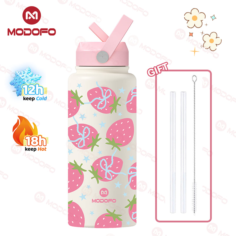 MODOFO 1000ML Portable Water Bottle with Straw Fashion Print Built-in Straw