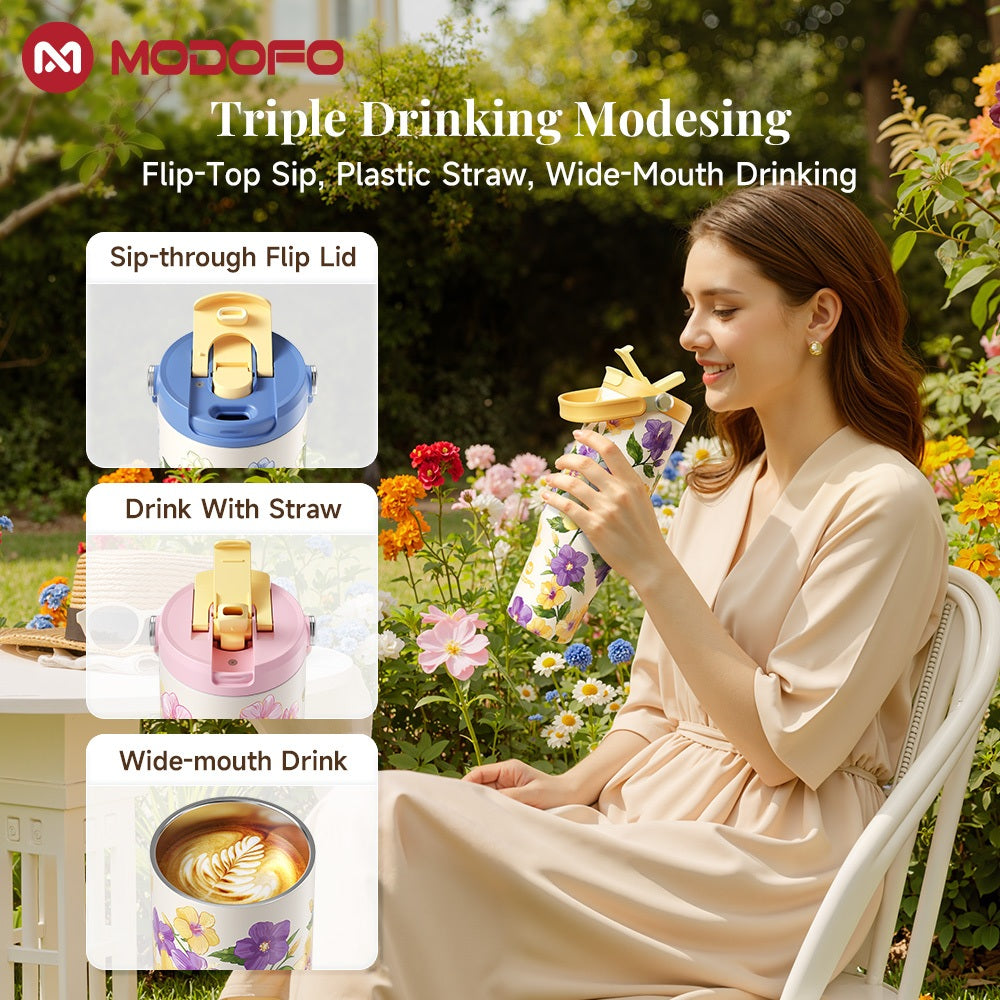 MODOFO 40oz Stainless Steel Insulated Tumbler with Straw – Large Capacity, Dual-Lid Design, Vacuum-Sealed for Hot & Cold Drinks