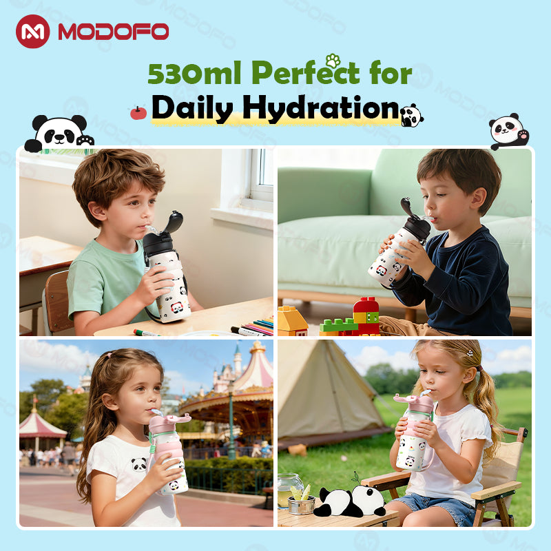 MODOFO Panda Series 530ml Kids Insulated Tumbler with Straw | Stainless Steel Thermos Bottle