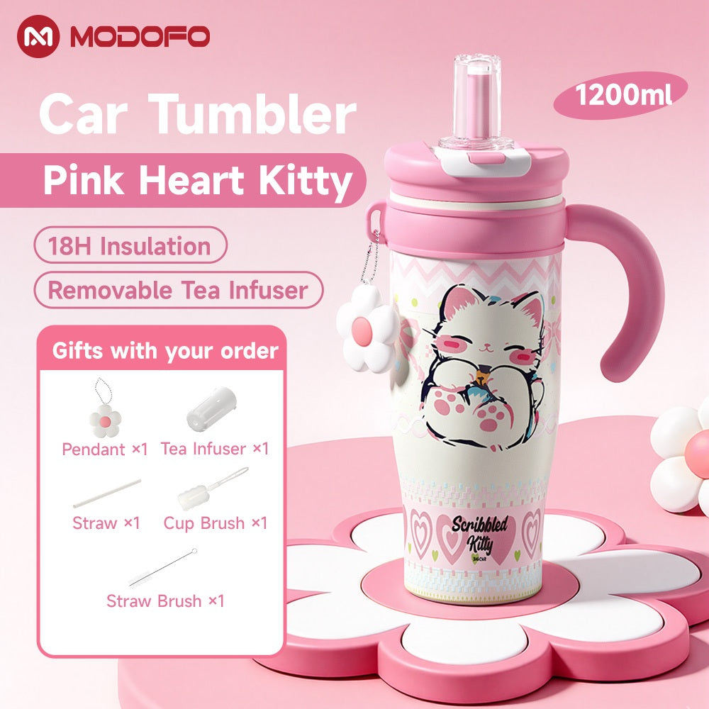 MODOFO 1200ml Ceramic Insulated Water Bottle | Tea Infuser + Straw Multi-functional Sports Water Bottle