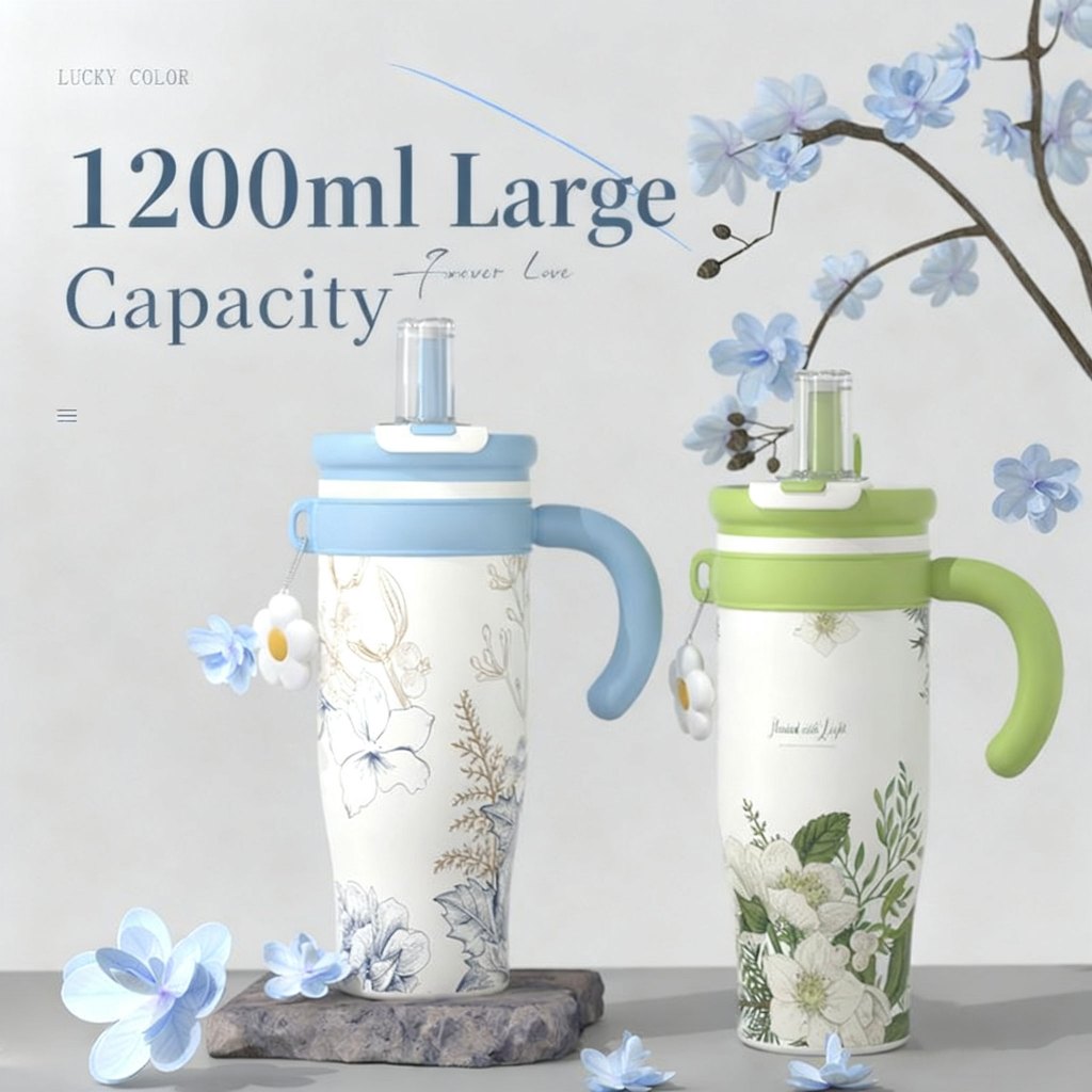 MODOFO 1200ml Ceramic Insulated Water Bottle | Tea Infuser + Straw Multi-functional Sports Water Bottle