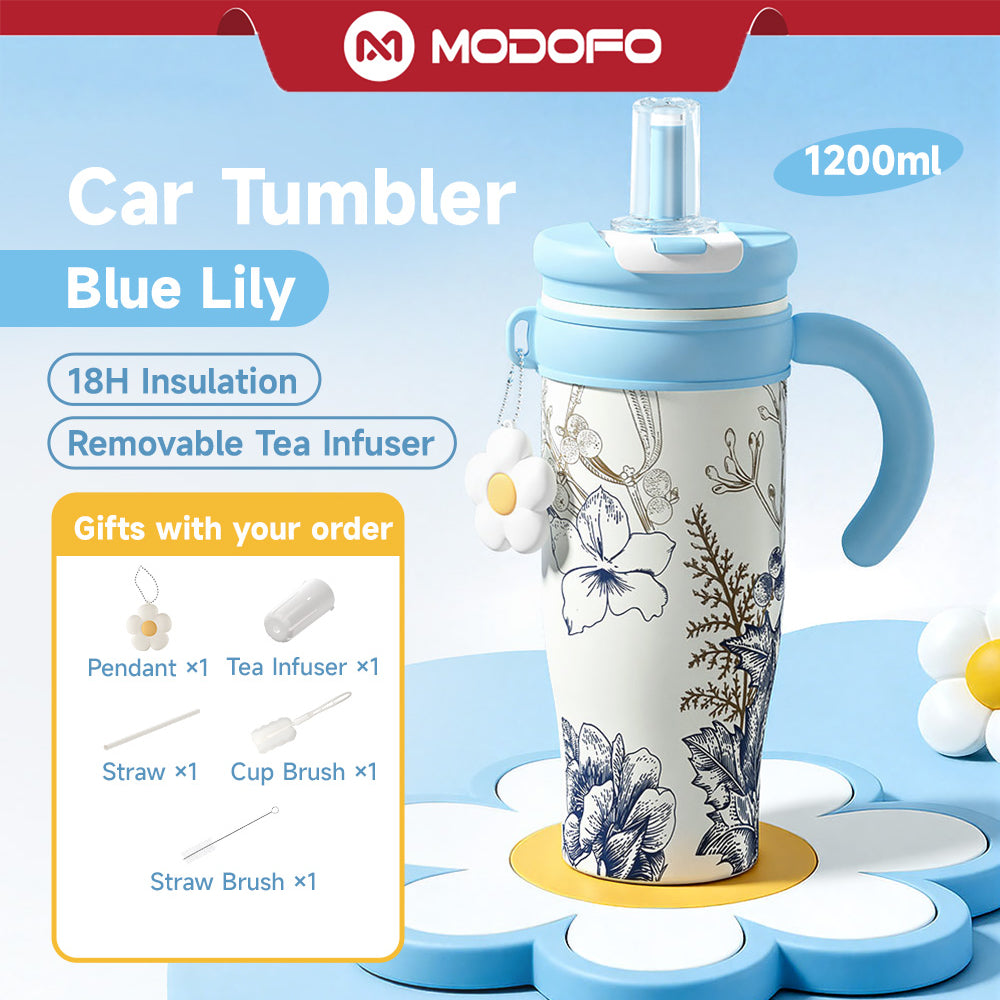 MODOFO 1200ml Ceramic Insulated Water Bottle | Tea Infuser + Straw Multi-functional Sports Water Bottle