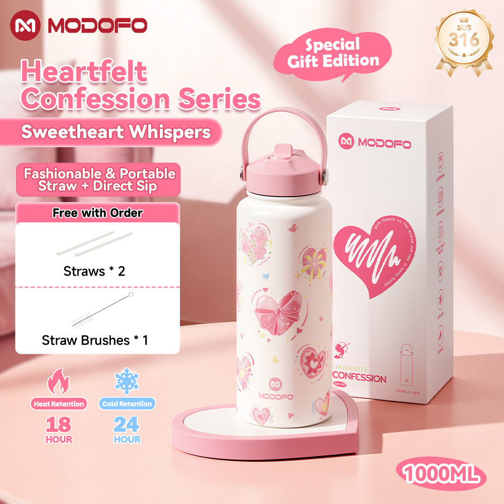 MODOFO 1.0L / 1.2L Tumbler Vakum Estetis dengan Sedotan – Botol Termal Kapasitas Besar