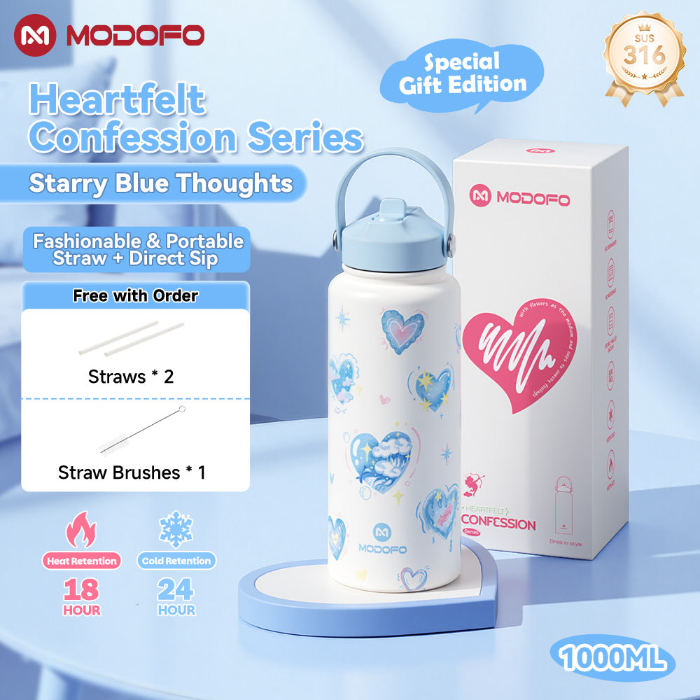 MODOFO 1.0L / 1.2L Tumbler Vakum Estetis dengan Sedotan – Botol Termal Kapasitas Besar